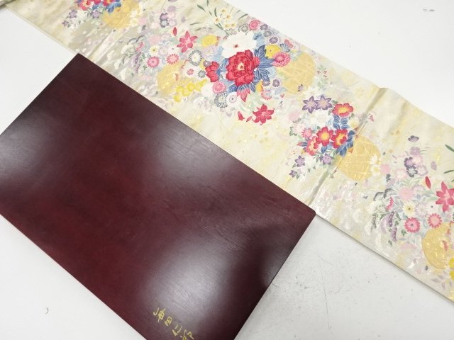 JAPANESE KIMONO / FUKURO OBI / SILK / GOLD / FLORAL BASKET